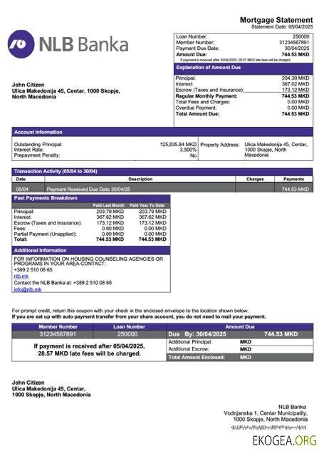 Modèle Word et PDF de relevé hypothécaire de la NLB Banka de Macédoine du Nord